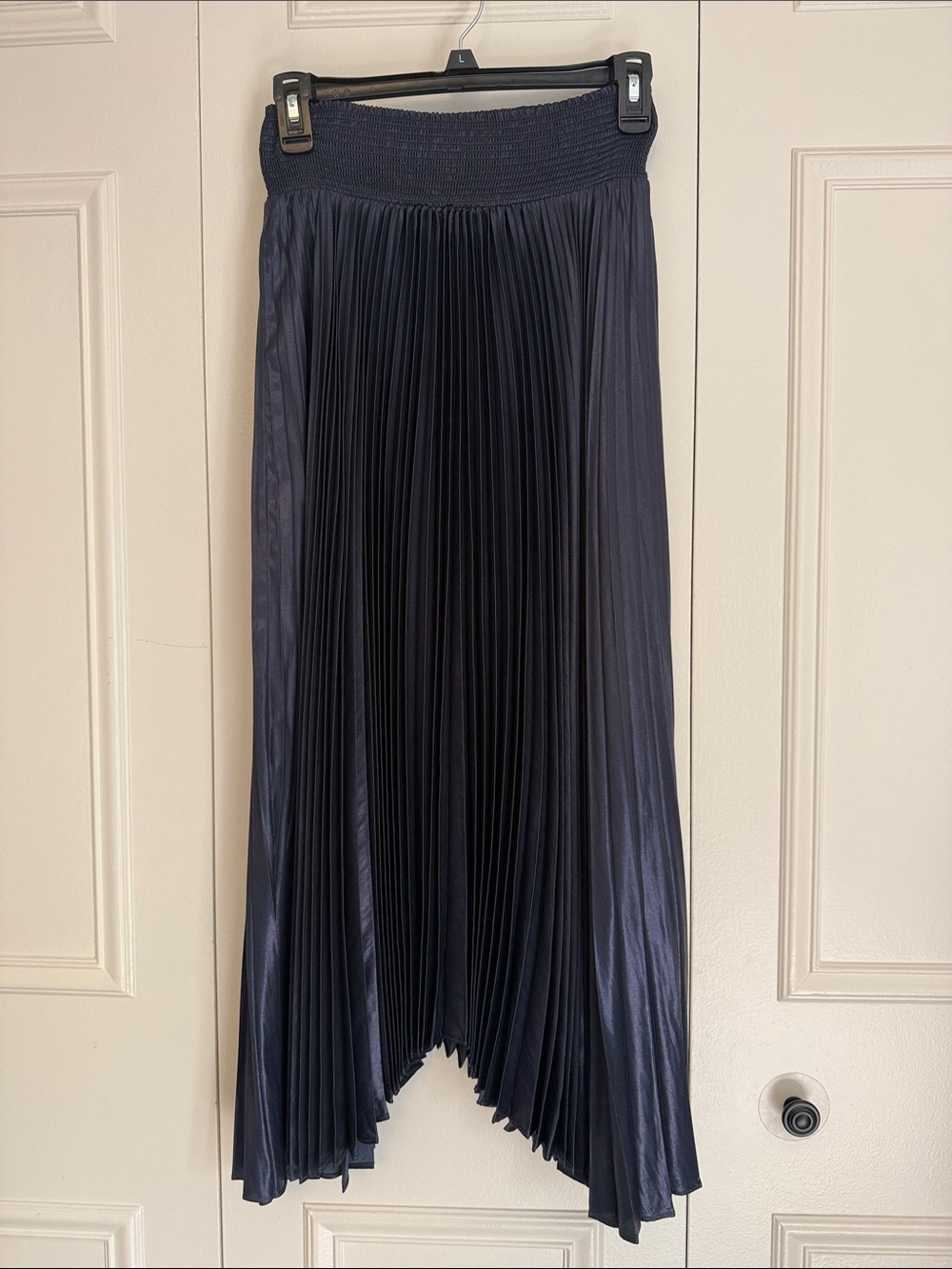 Elie Tahari Navy Pleated High-Low Skirt with Smocked Waistband